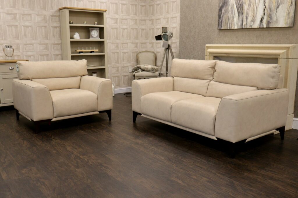 Sassaro (Famous Designer Brand) Premium ‘Gemini Bone’ Soft Natural Leather – 2.5 Seat Sofa + Love Seat
