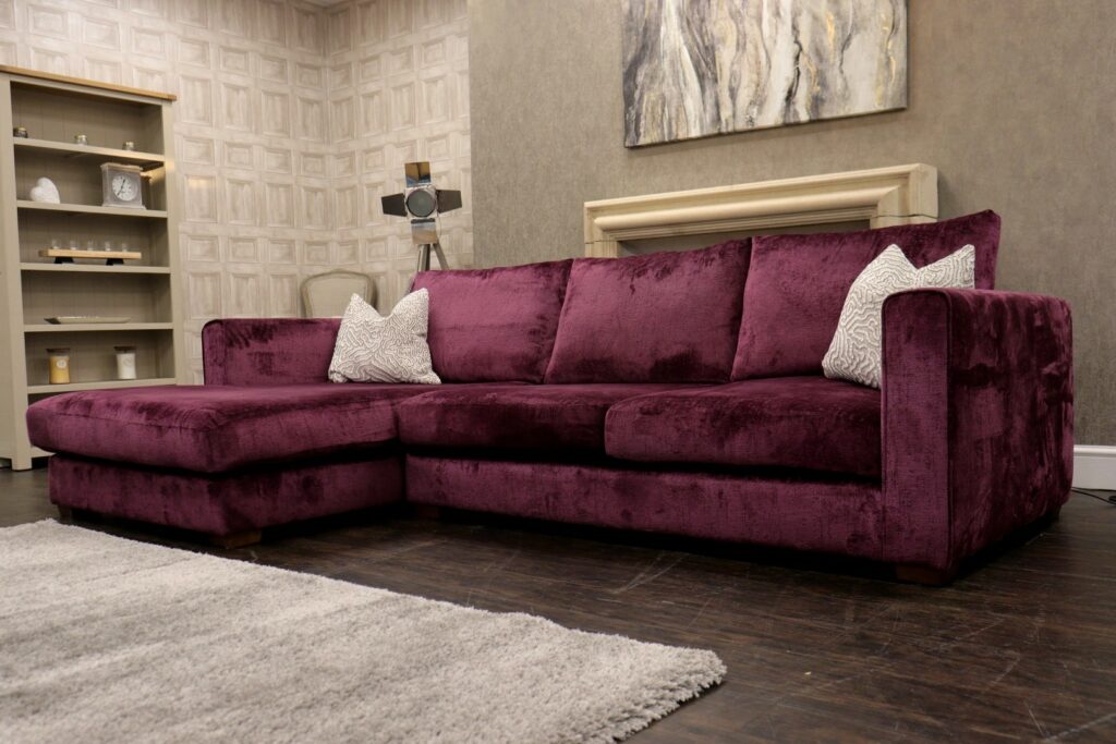 Harper (Famous Designer Brand) Premium ‘Plum – Camino Truffle’ Fabrics Collection – 3/4 Seat LHF Corner Sofa Chaise