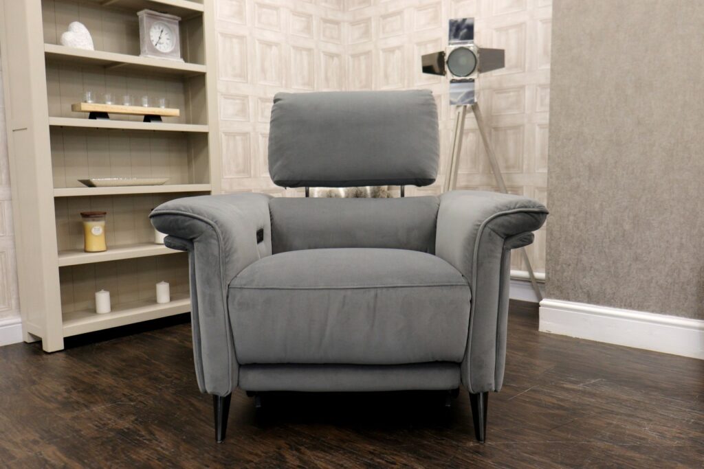 DOMICIL – Huxley (Famous Designer Brand) Premium ‘Pewter Fabric’ Velvet Fabrics Collection + TELESCOPIC Head Rests – Power/HR Chair