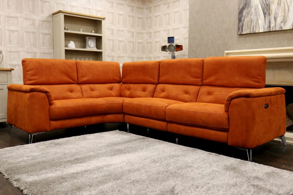 DETROIT (Famous Designer Brand) Premium ‘Burnt Orange – Lifestyle Textured’ Fabrics Collection – Dual Power Reclining Corner Sofa