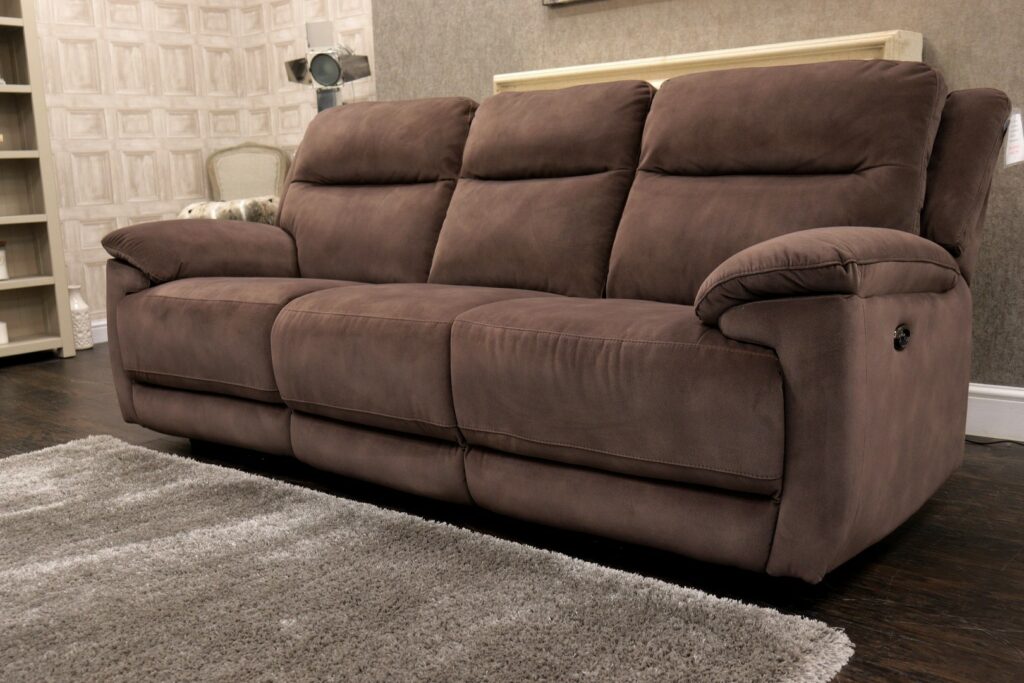 TOUCH (Famous Designer Brand) Premium Grade ‘Deep Brown’ Eazi-Clean Fabric Upholstery – Dual Power Reclining 3 Seat Sofa