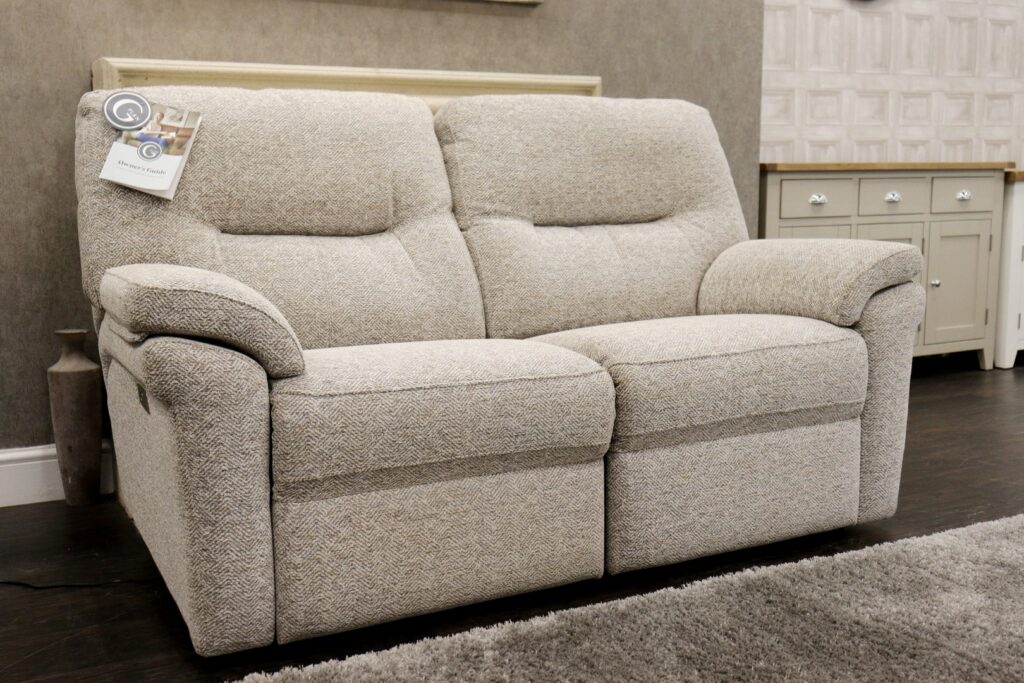 SEATTLE - Power (Famous Designer Brand) Premium Classic ‘Swift Oatmeal’ Fabrics Collection – Dual Power Reclining Classic Back 2 Seater Sofa