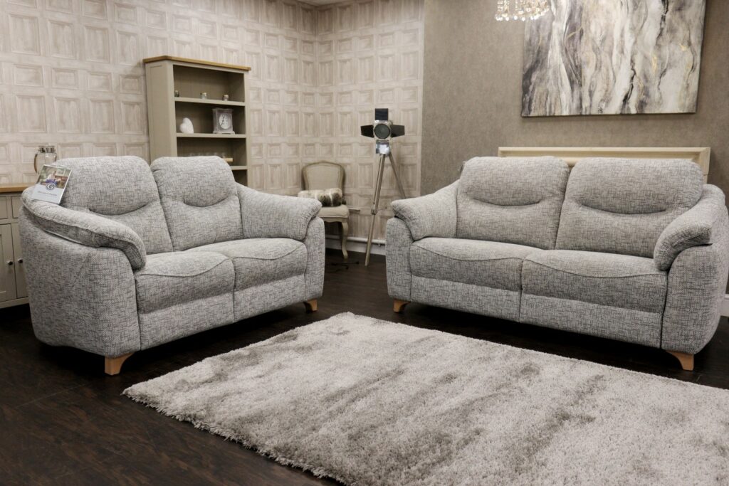 JACKSON (Famous Designer Brand) Premium ‘Remco Light Grey (B030) – Fabrics Option’ Upholstery Collection – Formal Back 3 Seat Sofa + 2 Seat Sofa – Light Oak Feet