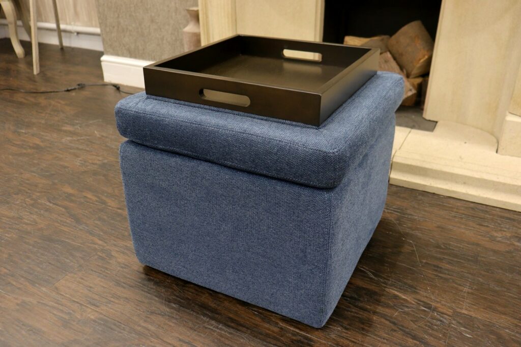 KOMODO (Famous Designer Brand) Premium ‘Chilli Blue’ Fabrics Collection – Compact Designed Footstool & Drinks Table Combination