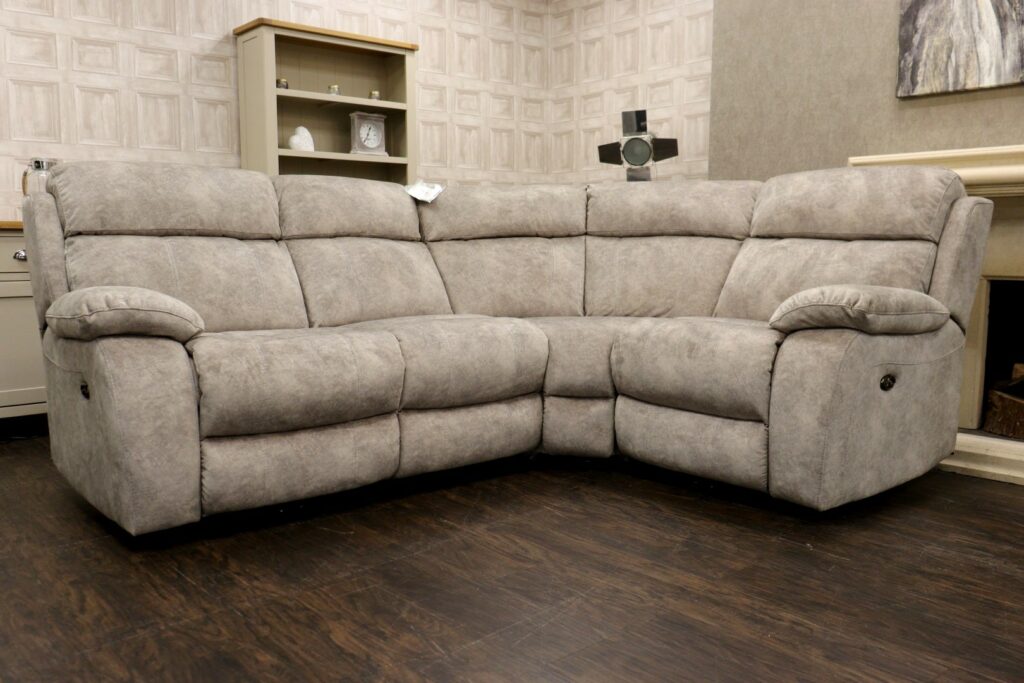 MAINE (Famous Designer Brand) Designer ‘Dew - Eazi-Clean’ Fabric Upholstery – Dual Power Reclining Corner Sofa