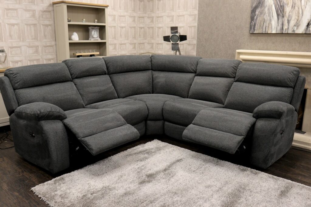 MAINE (Famous Designer Brand) Designer ‘Charcoal – Chenille’ Fabric Upholstery – Dual Power Reclining XL Corner Sofa