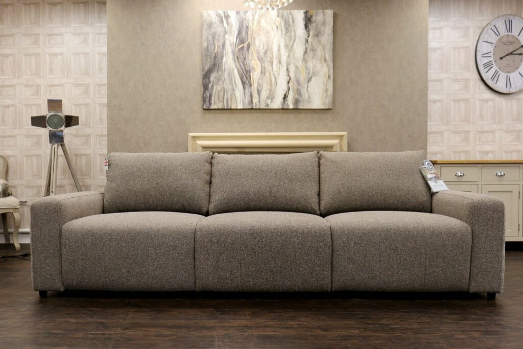 JAY BLADES X - MORLEY (Famous Designer Brand) Premium ‘Manhattan Acorn + Desert Silver Accent’ Fabric Upholstery Collection – Formal Back 4.5 Seat XL Cinema Sofa