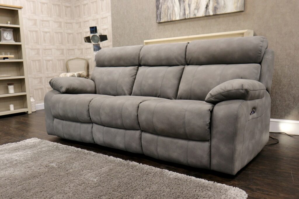 MAINE (Famous Designer Brand) Designer ‘Carbon Grey – Eazi-Clean’ Fabric Upholstery – Dual Power/HR Reclining 3 Seat Sofa