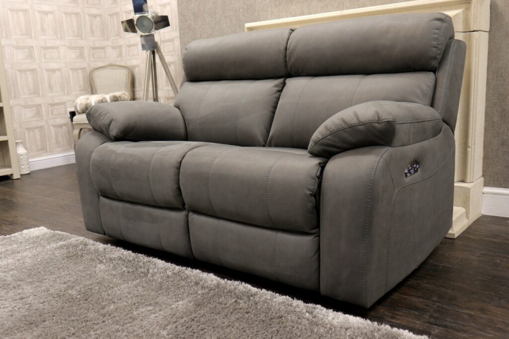 MAINE (Famous Designer Brand) Designer ‘Porto Grey – Eazi-Clean’ Fabric Upholstery – Dual Power/HR Reclining 2 Seat Sofa