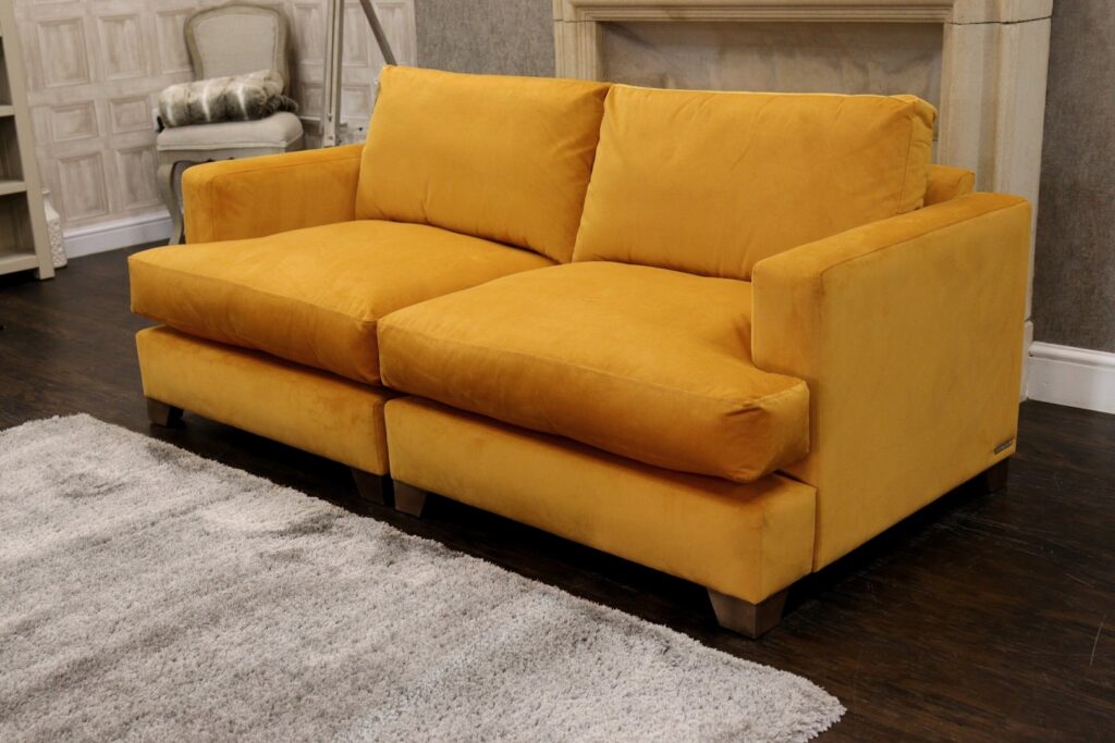 ISOBEL (Famous Designer Brand) Premium ‘Golden Spice’ Soft Velvet & Washed Oak Legs – 3 Seat Split-link Sofa