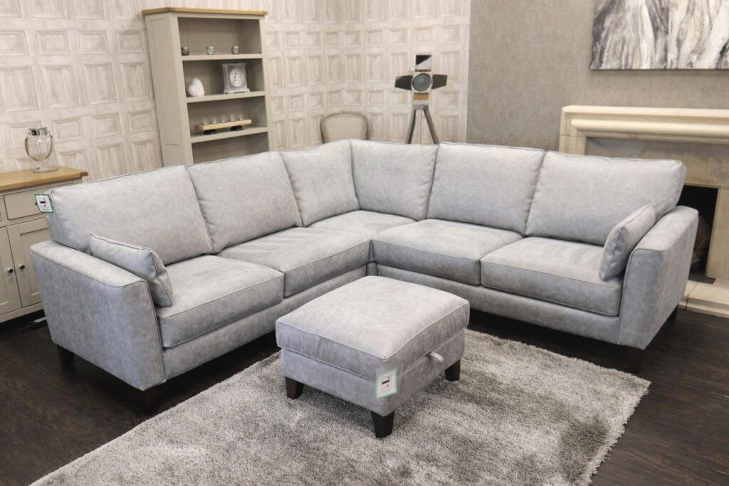 CARTWRIGHT (Famous Designer Brand) Premium ‘Silver Grey - Eazi-Clean’ Fabrics Collection – 2-C-2 Sectional Corner Sofa + Storage Stool
