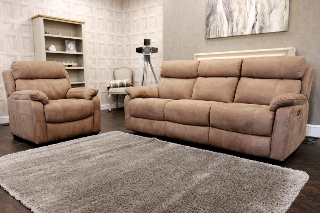 KOMODO (Famous Designer Brand) Premium Soft ‘Tobacco – Bfa-R04’ Fabric – Dual Power/HR Reclining Console 3 Seat Sofa + Std Chair