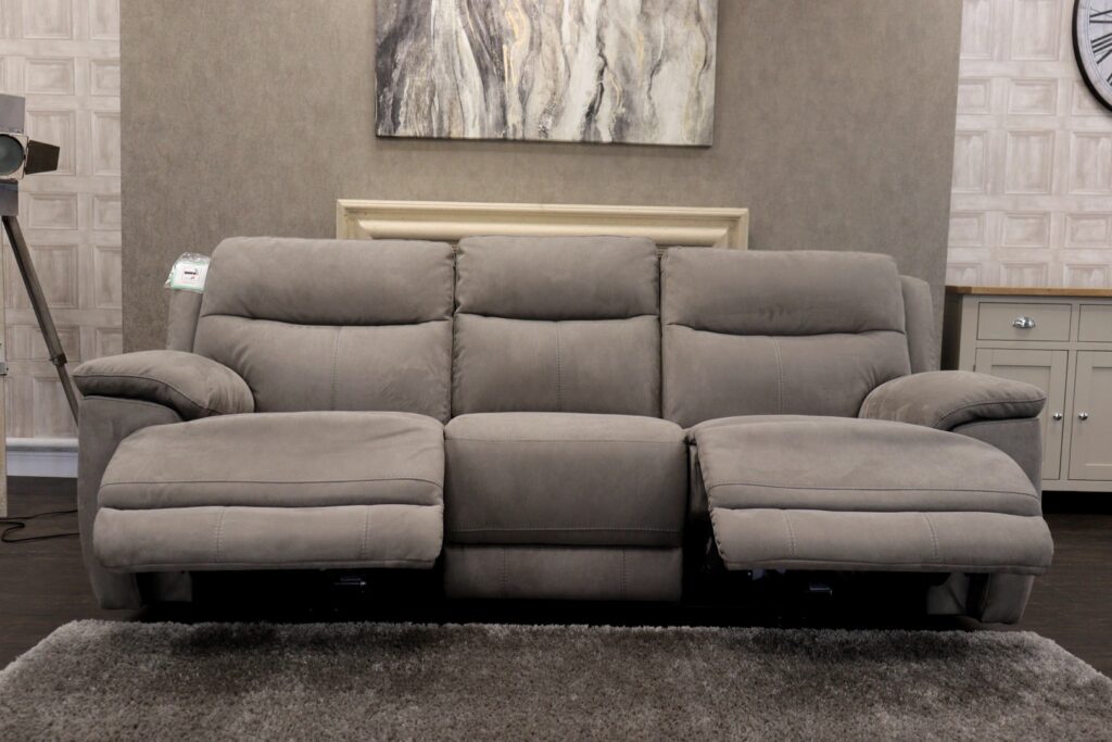 TOUCH (Famous Designer Brand) Premium Grade ‘Feather Grey’ Eazi-Clean Fabric Upholstery – Dual Power Reclining 3 Seat Sofa