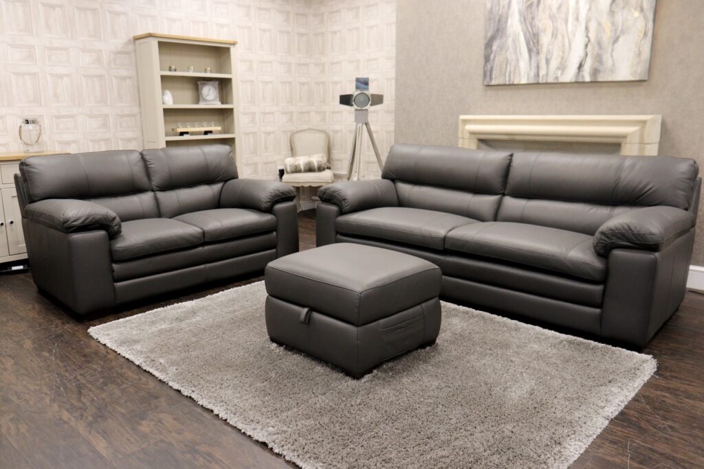 World of Leather – COZEE (Famous Designer Brand) Premium ‘*HIGHEST GRADE* Charcoal Grey – Nc-088e’ Leather Selection – 3 Seat Sofa + 2 Seat Sofa + Storage Footstool