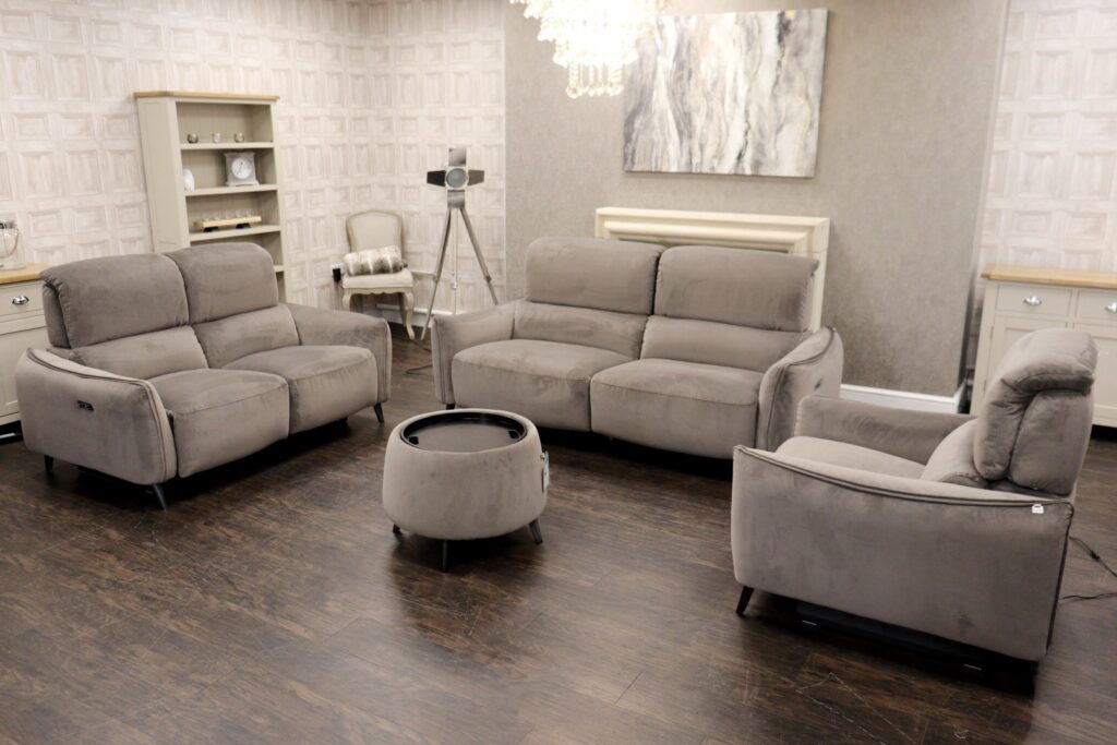DOMICIL – MADDOX (Famous Designer Brand) Premium ‘Pewter Grey’ Plush Velour Upholstery – Designer German Made Power 3 Sofa + Power 2 Sofa + Power Chair + Table/Stool