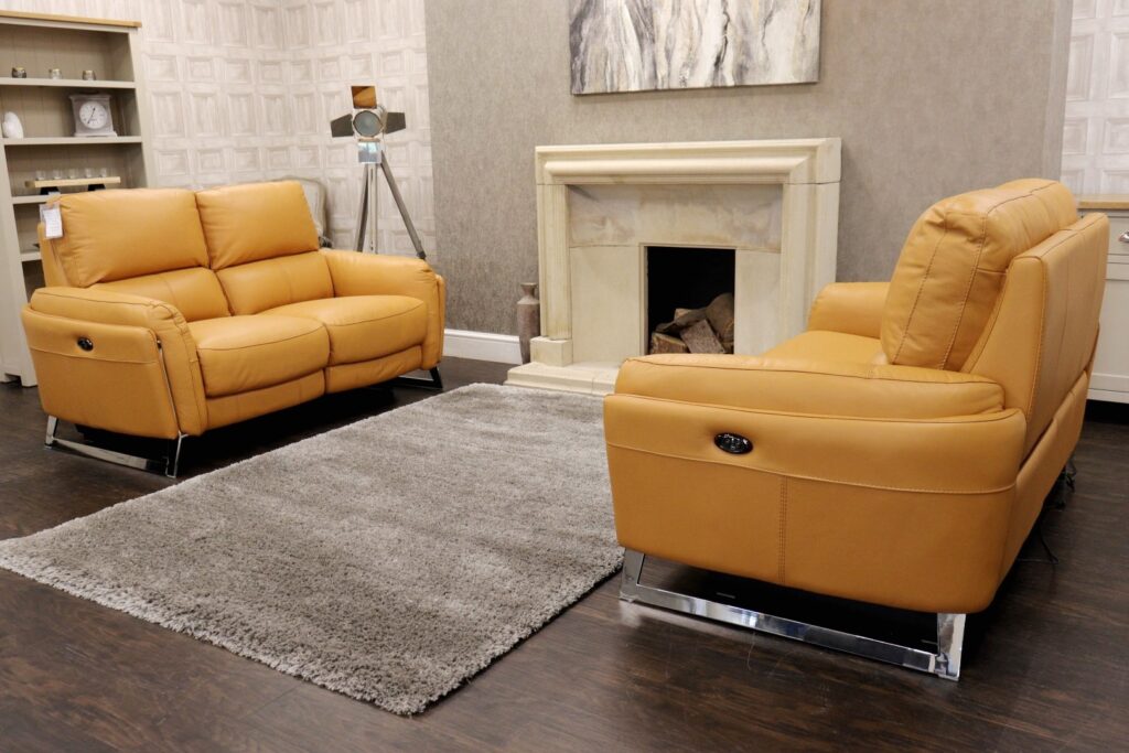 World of Leather – AMARILLA (Famous Designer Brand) Premium Upgraded ‘Nc-335e – Honey Yellow’ Leather Selection – Dual Power Reclining 2 Seat Sofa + Dual Power 2 Seat Sofa