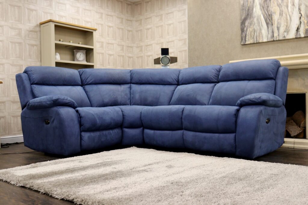 MAINE (Famous Designer Brand) Designer ‘Caribbean Blue – Eazi-Clean’ Fabric Upholstery – Dual Power Reclining Corner Sofa