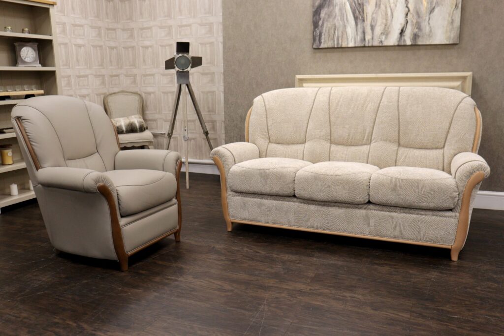 Gradi – GARDA (Famous Italian Designer Brand) Premium ‘Nina Fabrics & Trufello Leather’ – Solid Oak Framed 3 Seat Sofa + Accent Chair