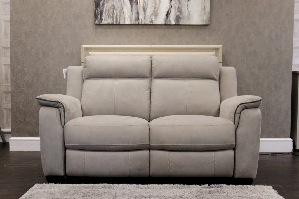 DELTA (Designer Prototype Model) Designer ‘Silver Grey – Eazi-Clean’ Fabric Upholstery – Dual Power Reclining 2 Seat Sofa