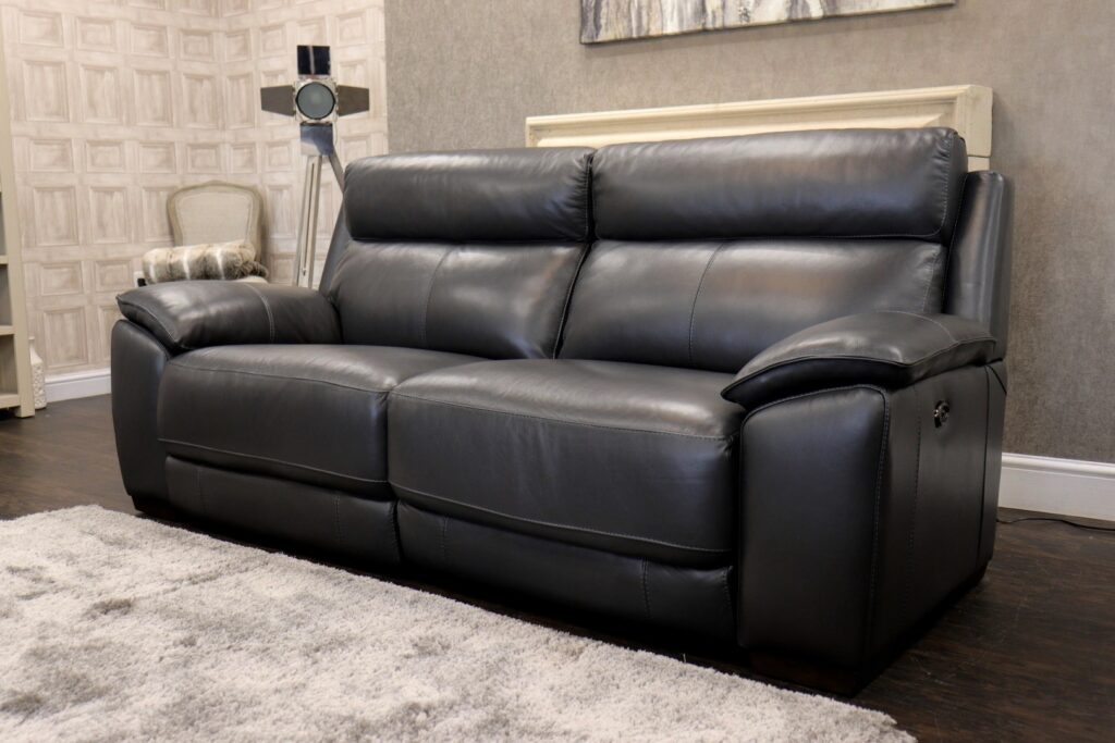 STARLIGHT EXPRESS (Famous Designer Brand) Premium ‘Dark Grey’ Leather Upholstery – Dual Power Reclining 3 Seat Sofa