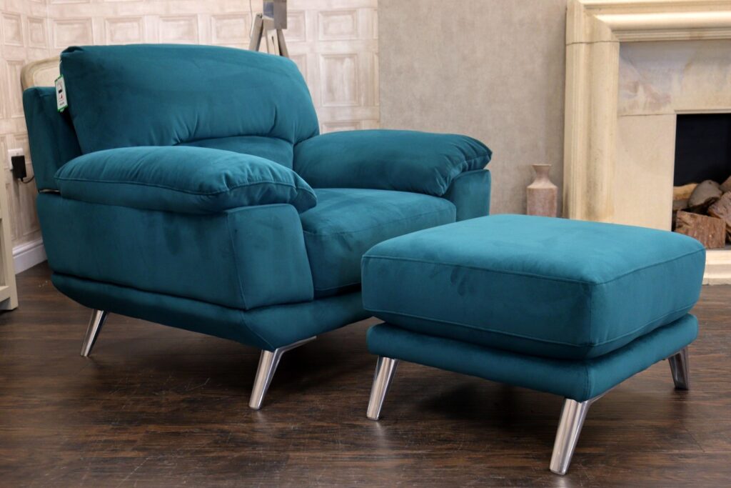 AMELIE (Famous Designer Brand) Premium ‘Lake Green’ Fabric Upholstery – Single Chair + Footstool - Brushed Satin Stainless Legs