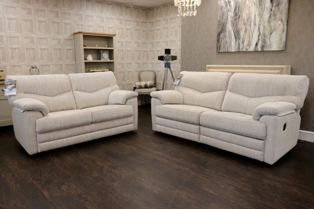 G Plan - STRATFORD (Famous Designer Brand) Premium ‘Boucle Sand’ Fabrics Collection – Dual Power Reclining 3 Seat Sofa + Std 2.5 Seat Sofa