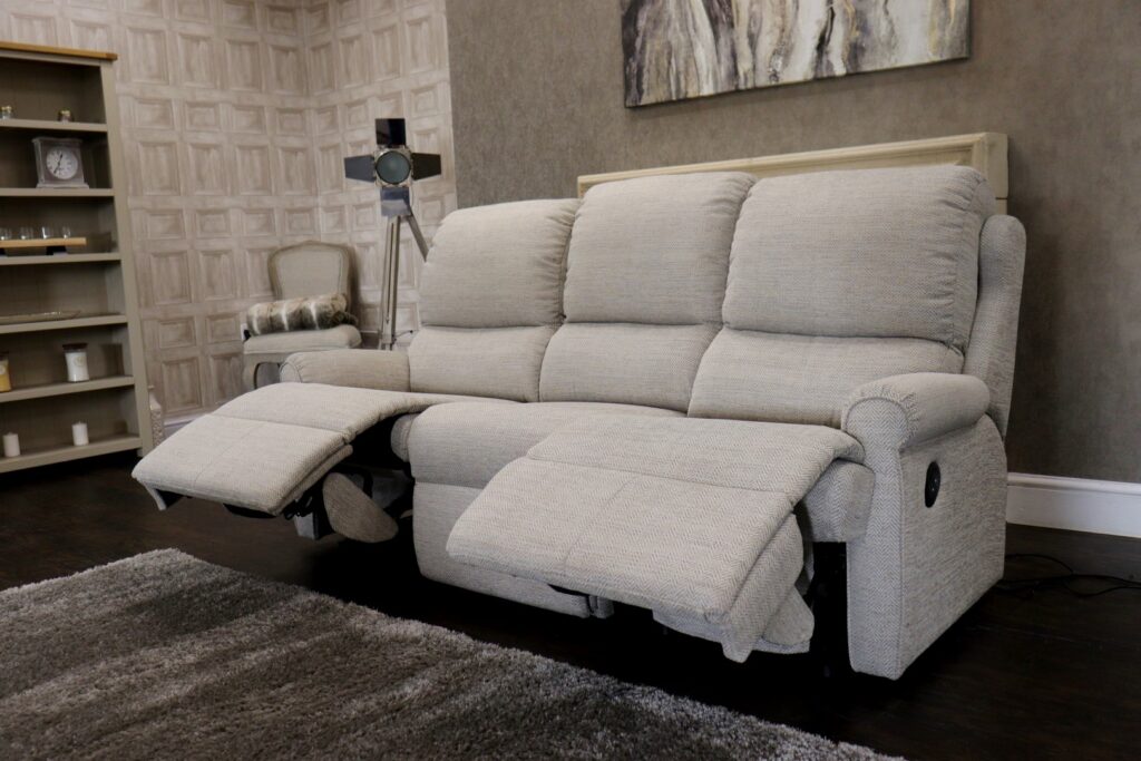 G Plan - NEW MARKET (Famous Designer Brand) Premium ‘Chevron Dove – WO10’ Fabrics Collection – Dual Touch Power Reclining 3 Seat Sofa