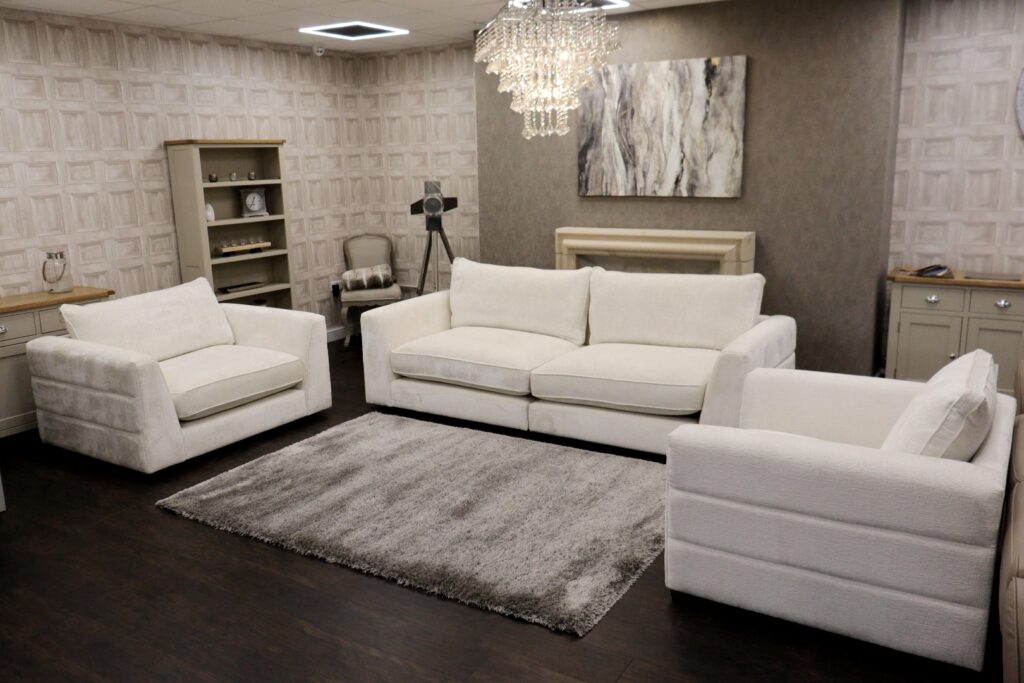 SHOREDITCH (Famous Designer Brand) Premium ‘Shoreditch Cosy – Deep Snow’ Fabrics Collection – Split-link 4 Seat Sofa + Snuggle Chair + Single Arm Chair