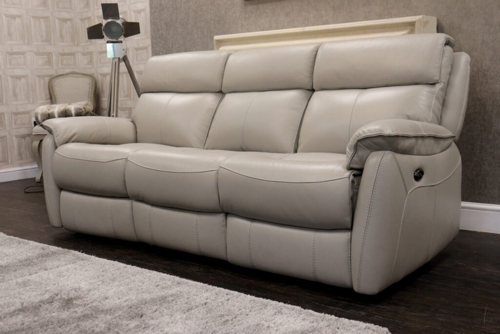 World of Leather - CINCINNATI (Famous Designer Brand) Pure Premium ‘Grey – Nc-251e’ Leather Upholstery – Dual Power Reclining 3 Seat Sofa