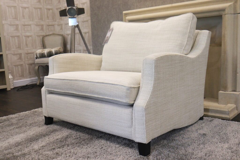 Duresta - AMELIA (Famous Designer Brand) Premium ‘Langham Ivory’ English Luxury Fabrics Collection & Dark Oak Chrome Capped Feet – Luxury Snuggle Chair