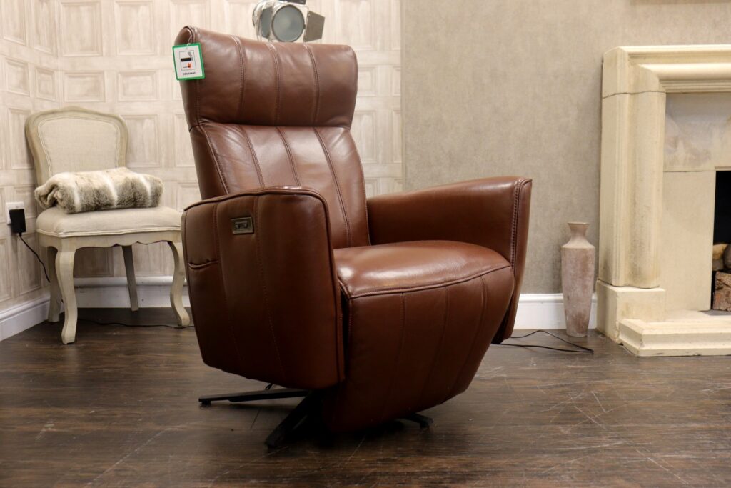 Gillies - TRENT TVCH (Famous Designer Brand) Premium ‘Chestnut Brown’ Soft Leather Selection – Dual Power Reclining Twister TV Chair