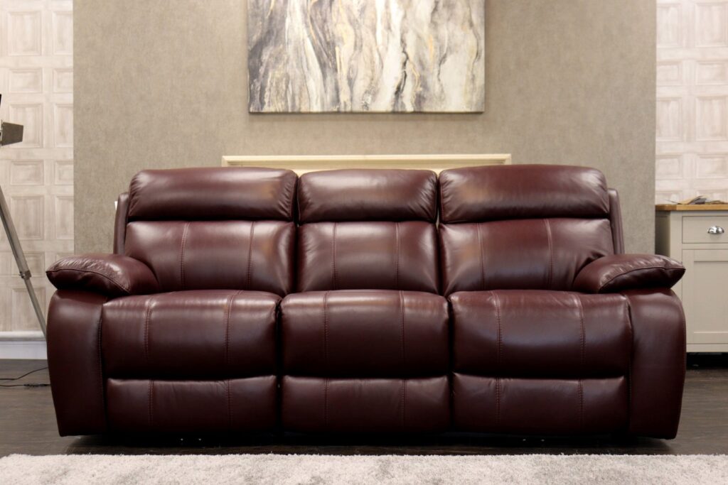 World of Leather – MORENO (Famous Designer Brand) Designer ‘Exclusive Dark Cherry’ Leather Upholstery – Dual Power Reclining 3 Seat Sofa