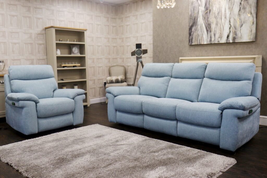 Comfort Story – SERENE (Famous Designer Brand) Premium ‘Baby Blue’ Fabrics Collection – *TRIPLE* Power Reclining 3 Seat Sofa (With Power Lumbar) & Console + Power Single Chair