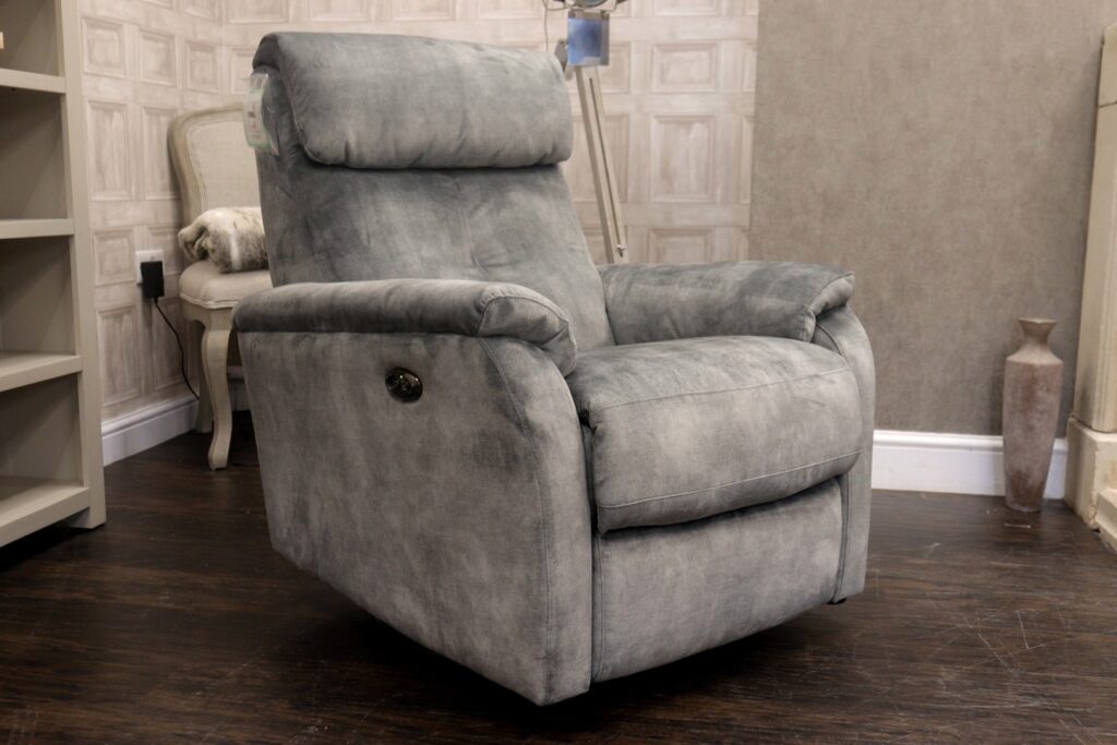 CENTENARY (Famous Designer Brand) Premium ‘Brushed Steel’ Premium Fabric Upholstery – Power Reclining Twister & Rocker Chair