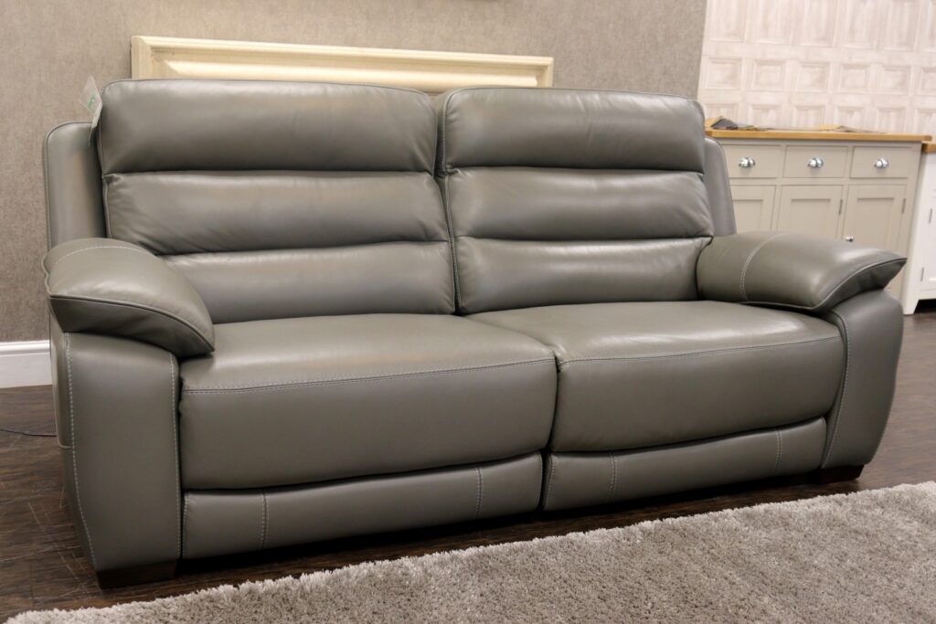 World of Leather – MALVERN (Famous Designer Brand) Pure Premium ‘Elephant Grey’ Leather Upholstery – Dual Power Reclining 3 Seat Sofa