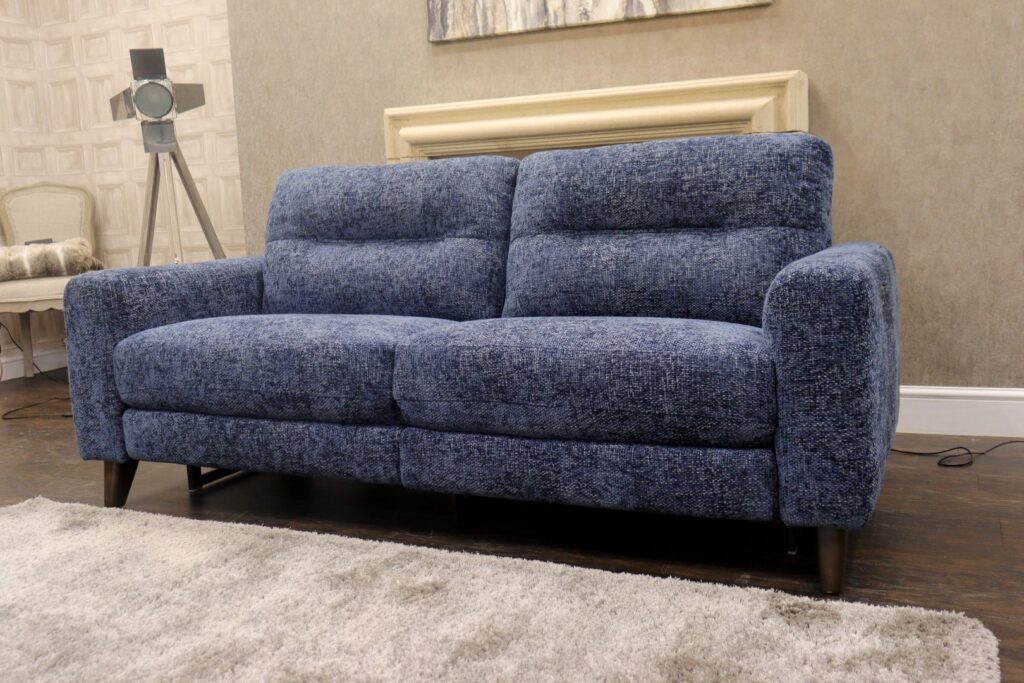 JULES (Famous Designer Brand) Pure Premium ‘Caribbean Blue’ Fabric Upholstery – Dual Power Reclining 3 Seat Sofa