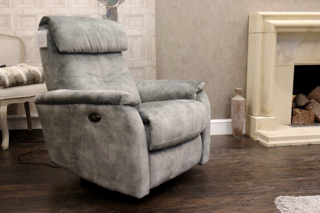 CENTENARY (Famous Designer Brand) Premium ‘Brushed Steel’ Premium Fabric Collection – Power Reclining Twister & Rocker Chair