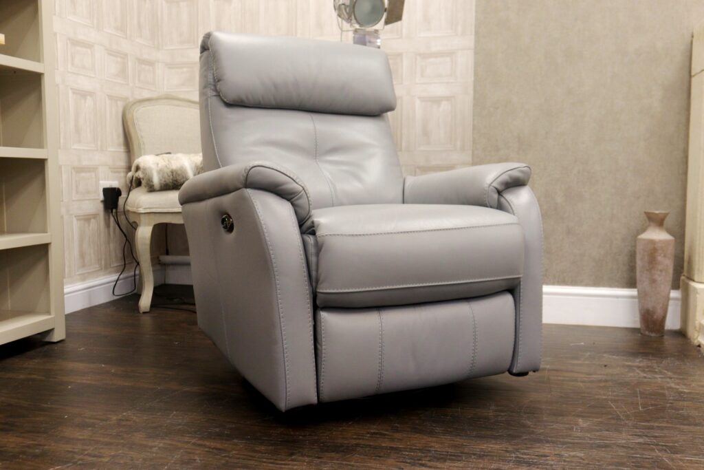 CENTENARY (Famous Designer Brand) Premium ‘Pure Grey’ Soft Full Leather Upholstery – Power Reclining Twister & Rocker Chair