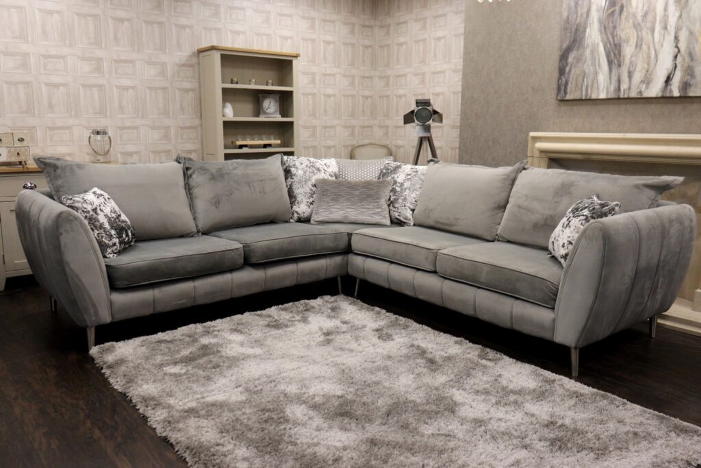 GABRIELLE (Famous Designer Brand) Premium ‘Plush Steel/Alexa Grey Mix’ Fabrics Collection – 3-C-3 Sectional Corner Sofa