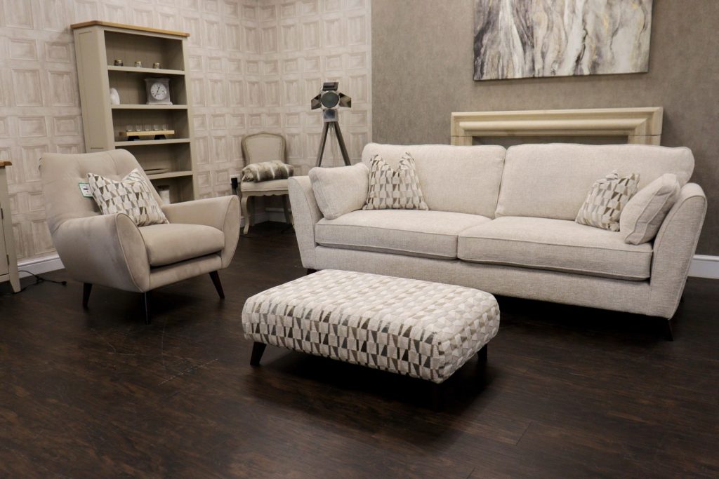 Barker & Stonehouse – ROSALI (Famous Designer Brand) Premium ‘Classic Collection – Rustic Ivory’ Fabrics – Classic Back Designer 4 Seat Sofa + Single Accent Chair + Large Rectangular Footstool