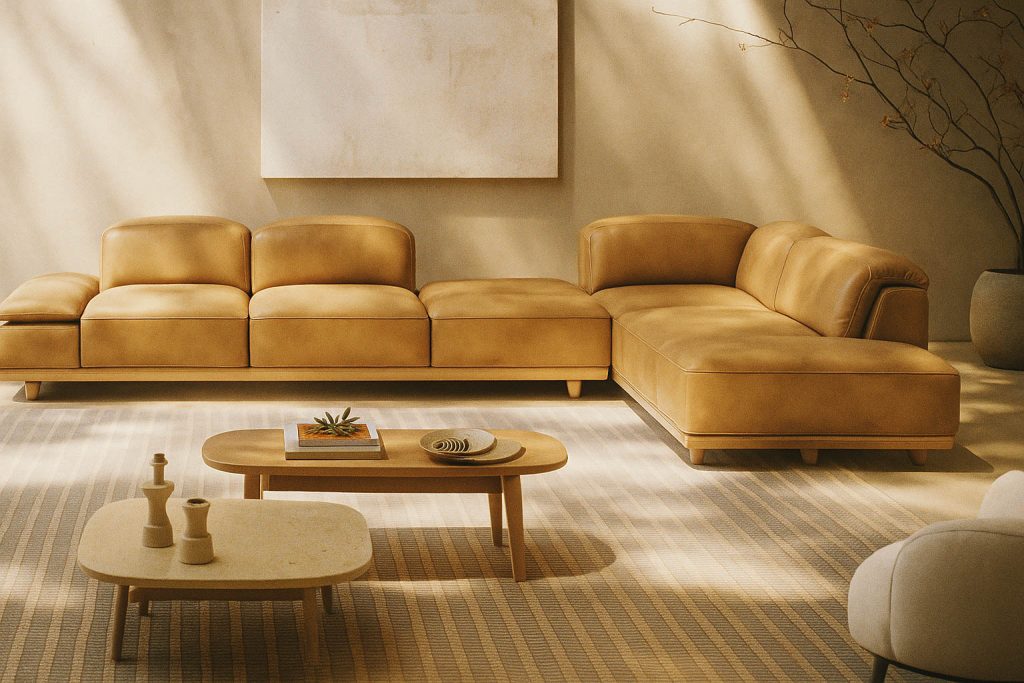 Modular sofa in stylish sunlit room