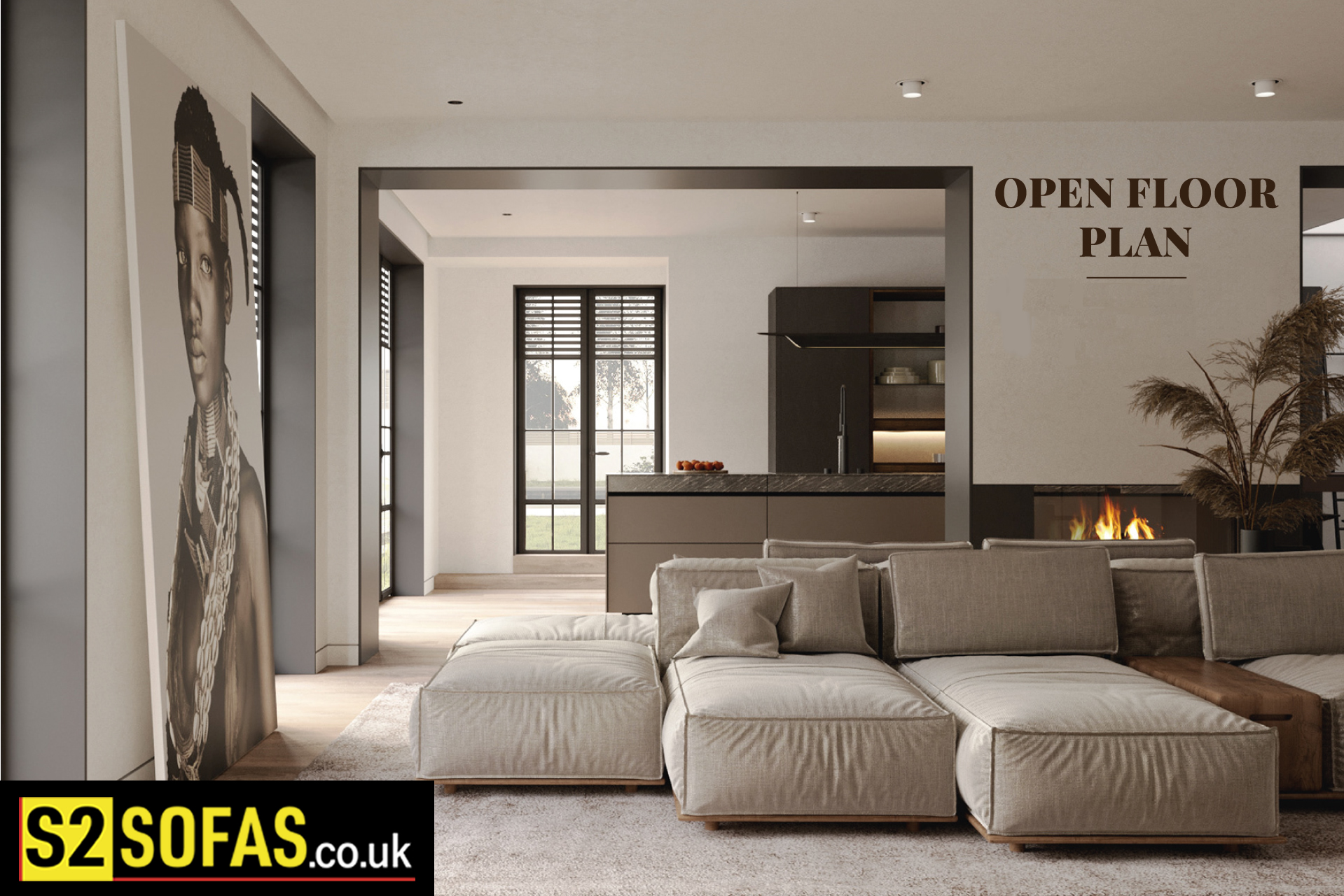 Large corner sofa defining a seating zone in an open plan kitchen-diner-living room